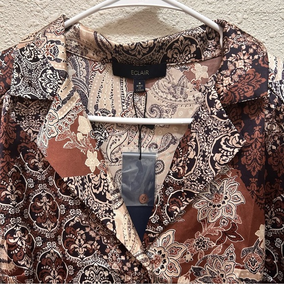 2 for 30✨ECLAIR Multi-Pattern Brown Tie Front Button Down Blouse - Picture 2 of 6